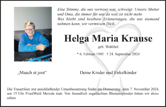 Anzeige von Helga Maria Krause von  Werbepost 