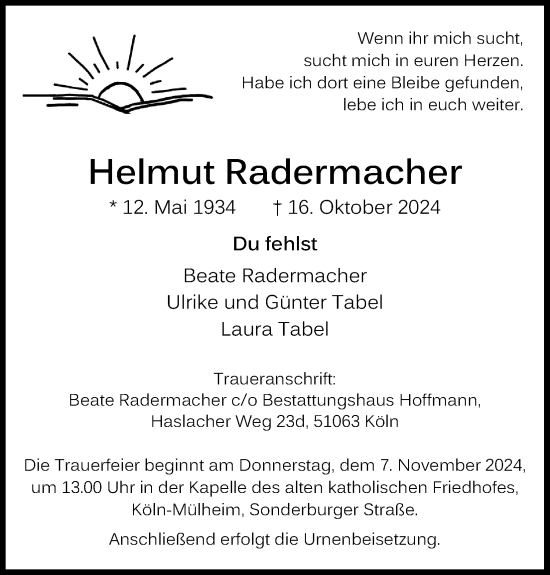 Anzeige von Helmut Radermacher von Kölner Stadt-Anzeiger / Kölnische Rundschau / Express