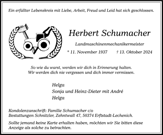 Anzeige von Herbert Schumacher von  Werbepost 