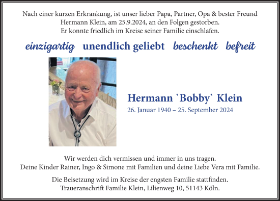 Anzeige von Hermann Klein von  Bergisches Handelsblatt 