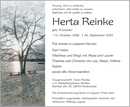 Anzeige von Herta Reinke von  Blickpunkt Euskirchen 