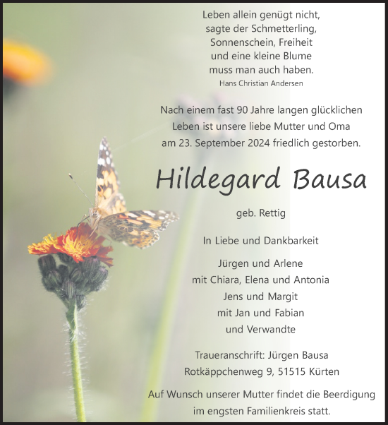Anzeige von Hildegard Bausa von Kölner Stadt-Anzeiger / Kölnische Rundschau / Express