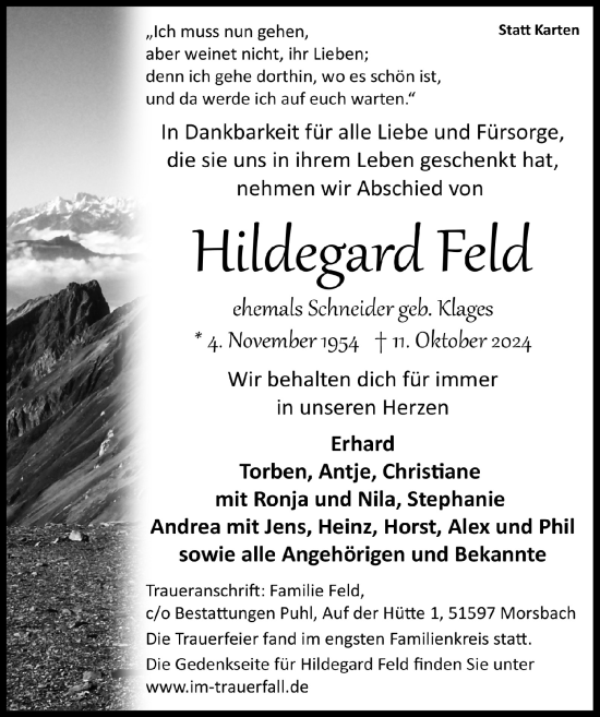 Anzeige von Hildegard Feld von  Lokalanzeiger 