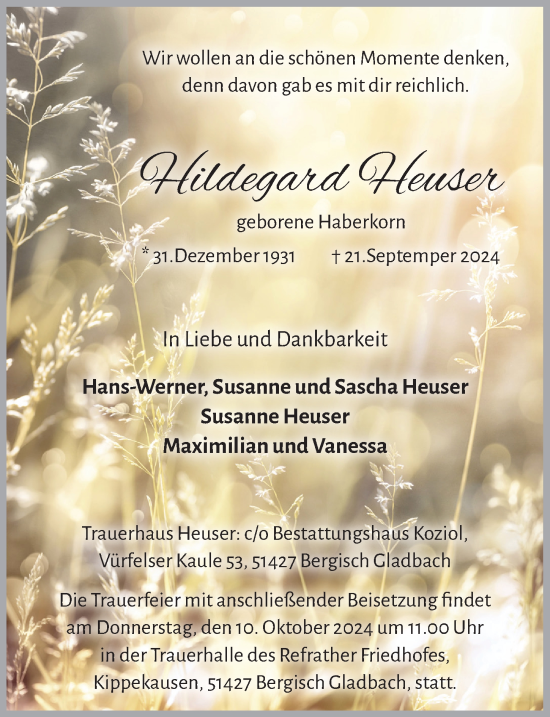 Anzeige von Hildegard Heuser von  Bergisches Handelsblatt 