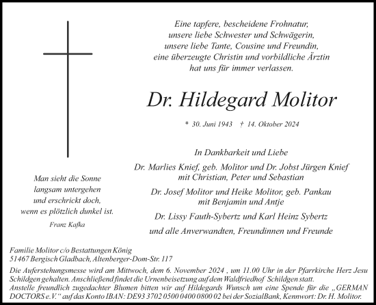 Anzeige von Hildegard Molitor von Kölner Stadt-Anzeiger / Kölnische Rundschau / Express