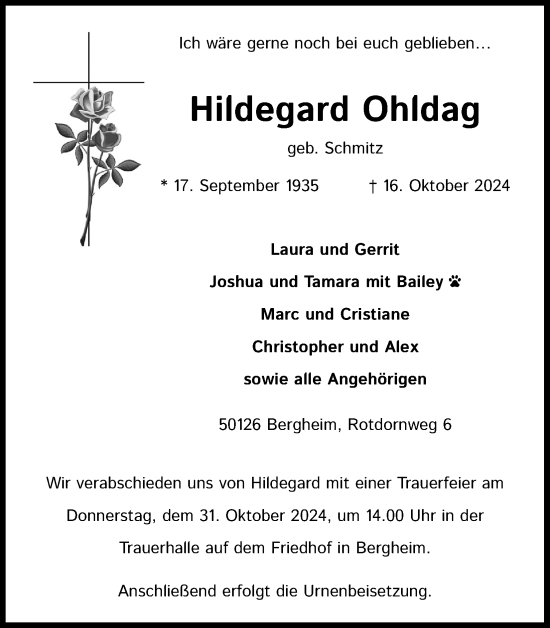 Anzeige von Hildegard Ohldag von Kölner Stadt-Anzeiger / Kölnische Rundschau / Express