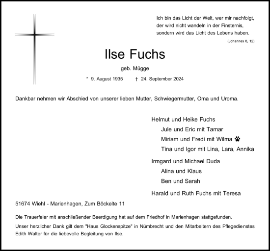 Anzeige von Ilse Fuchs von  Anzeigen Echo 