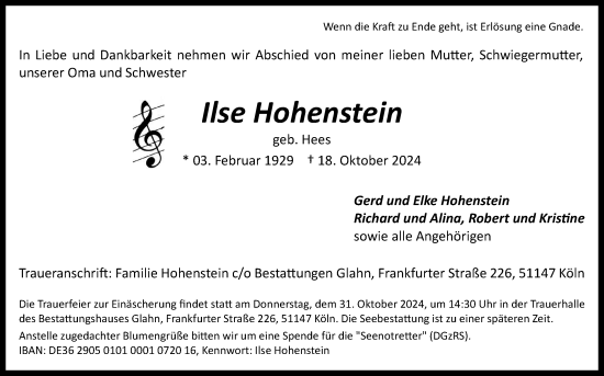 Anzeige von Ilse Hohenstein von Kölner Stadt-Anzeiger / Kölnische Rundschau / Express