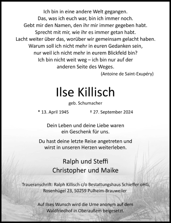 Anzeige von Ilse Killisch von  Werbepost 