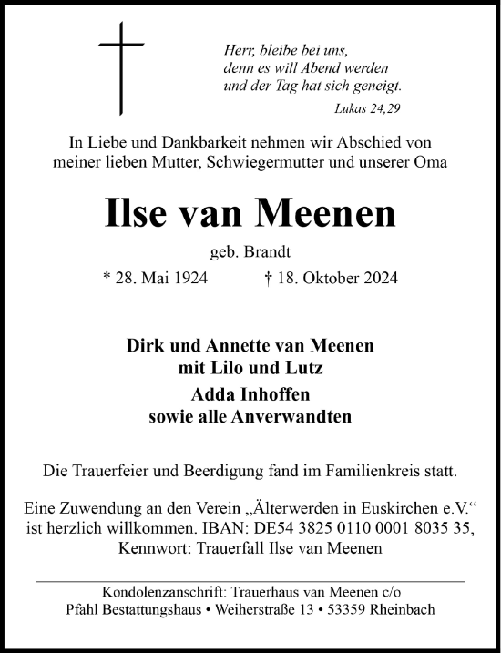 Anzeige von Ilse van Meenen von  Blickpunkt Euskirchen 