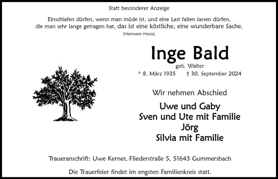Anzeige von Inge Bald von  Anzeigen Echo 
