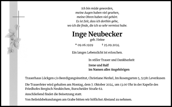 Anzeige von Inge Neubecker von Kölner Stadt-Anzeiger / Kölnische Rundschau / Express