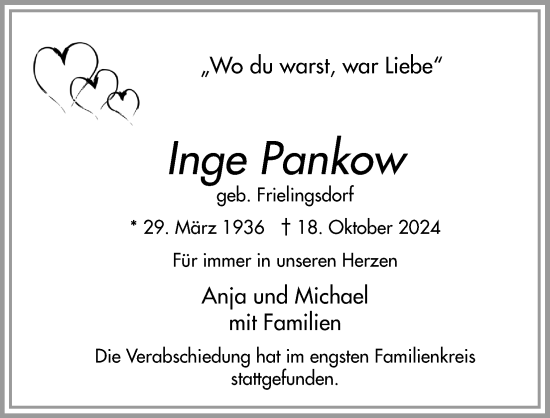 Anzeige von Inge Pankow von Kölner Stadt-Anzeiger / Kölnische Rundschau / Express