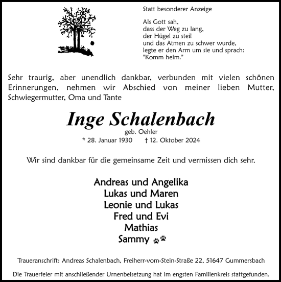Anzeige von Inge Schalenbach von  Anzeigen Echo 