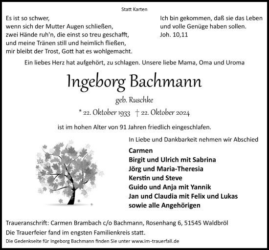 Anzeige von Ingeborg Bachmann von  Lokalanzeiger 