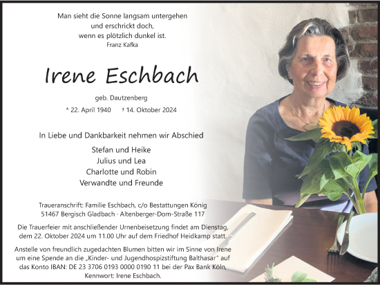 Anzeige von Irene Eschbach von Kölner Stadt-Anzeiger / Kölnische Rundschau / Express