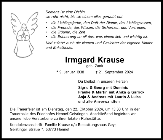 Anzeige von Irmgard Krause von Kölner Stadt-Anzeiger / Kölnische Rundschau / Express