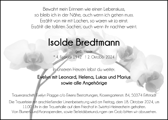 Anzeige von Isolde Bredtmann von  Schaufenster/Blickpunkt 