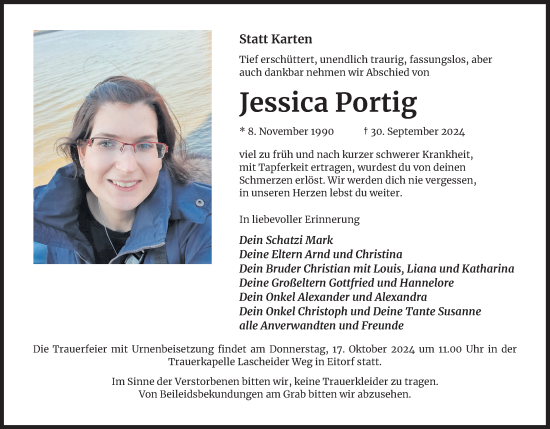 Anzeige von Jessica Portig von Kölner Stadt-Anzeiger / Kölnische Rundschau / Express