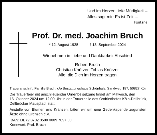 Anzeige von Joachim Bruch von Kölner Stadt-Anzeiger / Kölnische Rundschau / Express