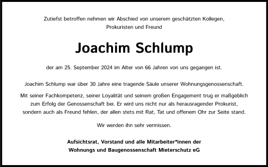 Anzeige von Joachim Schlump von Kölner Stadt-Anzeiger / Kölnische Rundschau / Express