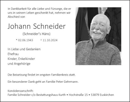 Anzeige von Johann Schneider von  Blickpunkt Euskirchen 