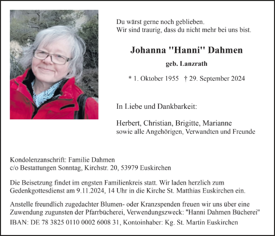 Anzeige von Johanna Dahmen von  Blickpunkt Euskirchen 