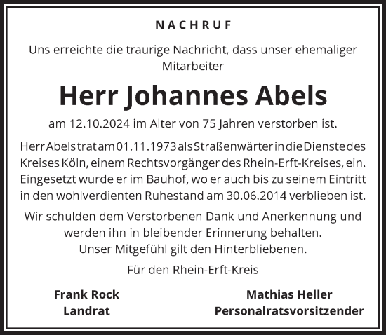 Anzeige von Johannes Abels von  Wochenende  Werbepost 