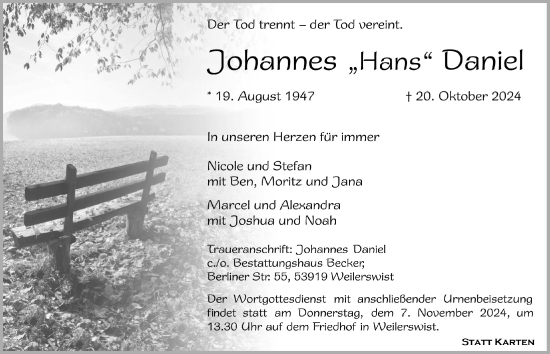 Anzeige von Johannes  Daniel von  Blickpunkt Euskirchen 