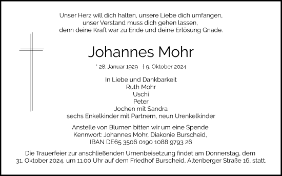 Anzeige von Johannes Mohr von Kölner Stadt-Anzeiger / Kölnische Rundschau / Express