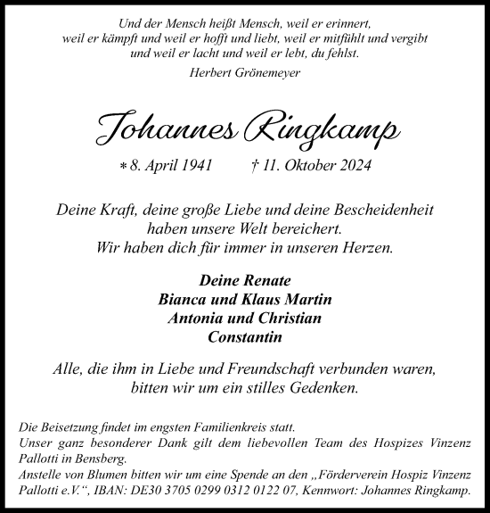 Anzeige von Johannes Ringkamp von Kölner Stadt-Anzeiger / Kölnische Rundschau / Express