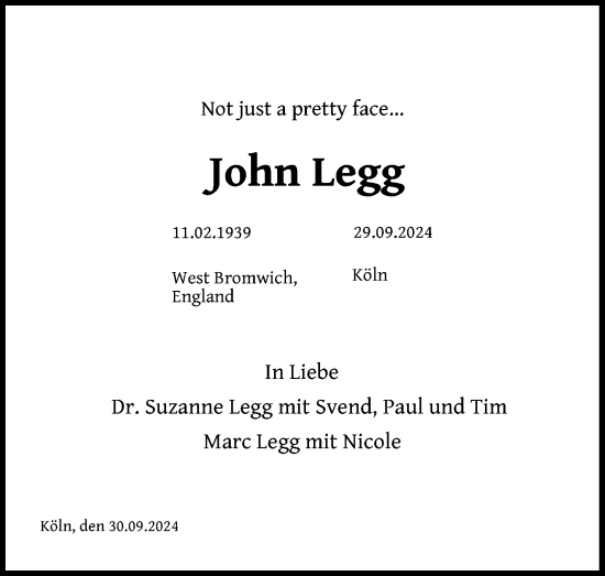 Anzeige von John Legg von Kölner Stadt-Anzeiger / Kölnische Rundschau / Express