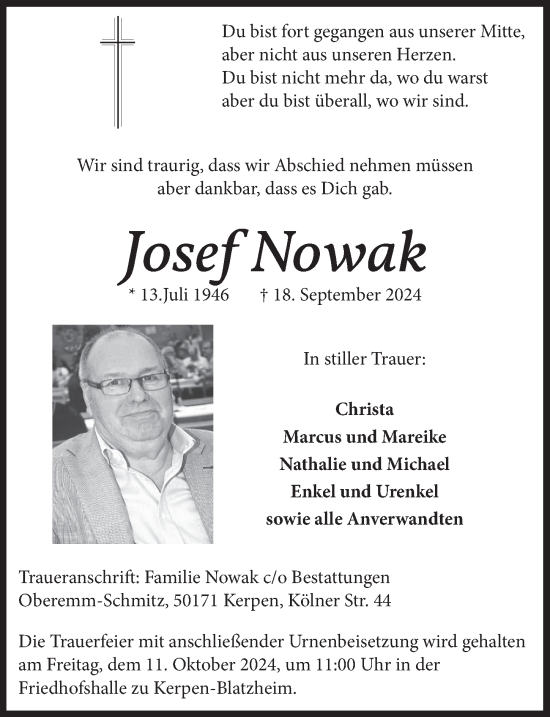 Anzeige von Josef Nowak von  Werbepost 