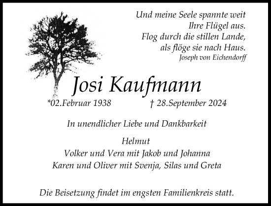 Anzeige von Josi Kaufmann von Kölner Stadt-Anzeiger / Kölnische Rundschau / Express