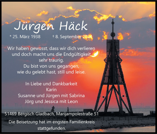 Anzeige von Jürgen Häck von Kölner Stadt-Anzeiger / Kölnische Rundschau / Express