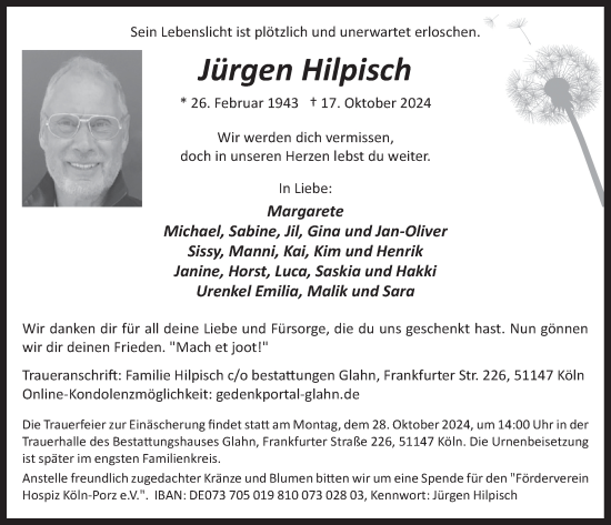 Anzeige von Jürgen Hilpisch von  EXPRESS - Die Woche 