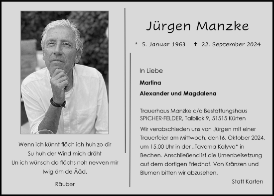 Anzeige von Jürgen Manzke von  Bergisches Handelsblatt 