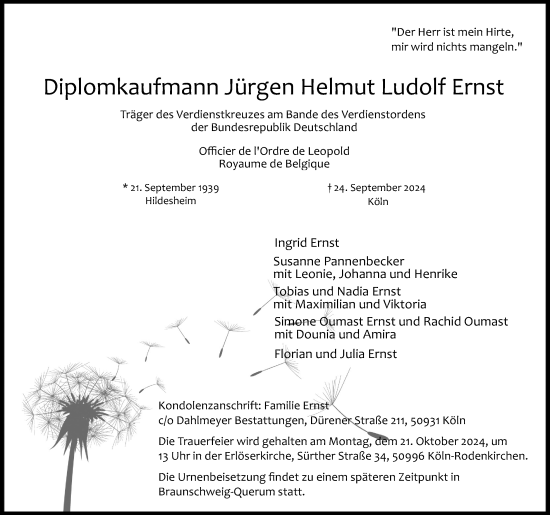 Anzeige von Jürgen Helmut Ludolf Ernst von Kölner Stadt-Anzeiger / Kölnische Rundschau / Express