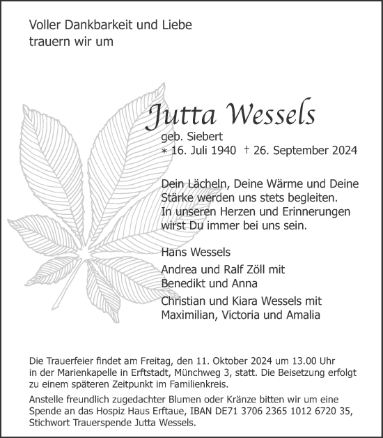 Anzeige von Jutta Wessels von Kölner Stadt-Anzeiger / Kölnische Rundschau / Express