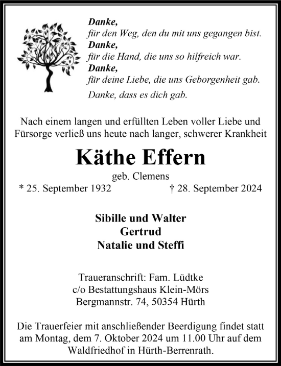 Anzeige von Käthe Effern von  Wochenende 