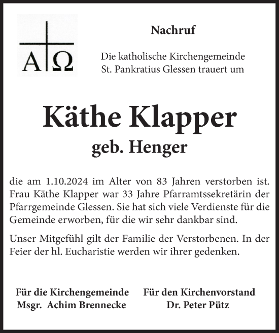 Anzeige von Käthe Klapper von  Werbepost 
