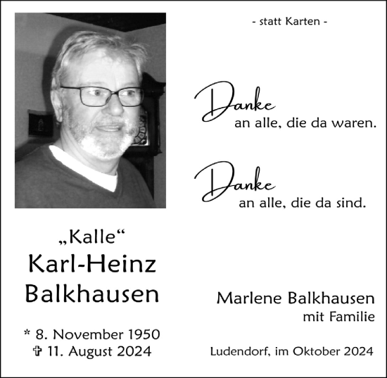 Anzeige von Karl-Heinz Balkhausen von  Schaufenster/Blickpunkt 