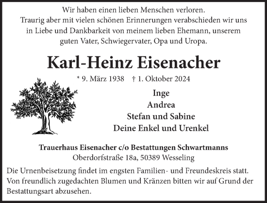 Anzeige von Karl-Heinz Eisenacher von  Schlossbote/Werbekurier 