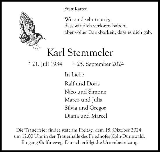 Anzeige von Karl Stemmeler von Kölner Stadt-Anzeiger / Kölnische Rundschau / Express