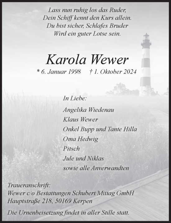 Anzeige von Karola Wewer von  Wochenende 