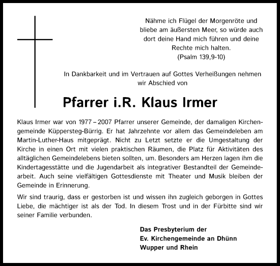 Anzeige von Klaus Irmer von Kölner Stadt-Anzeiger / Kölnische Rundschau / Express