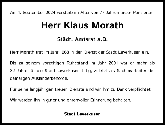 Anzeige von Klaus Morath von Kölner Stadt-Anzeiger / Kölnische Rundschau / Express