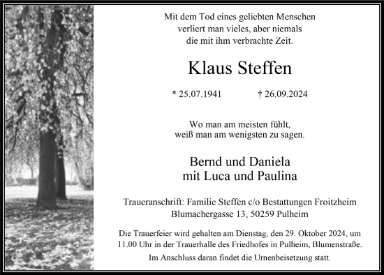 Anzeige von Klaus Steffen von  Wochenende 