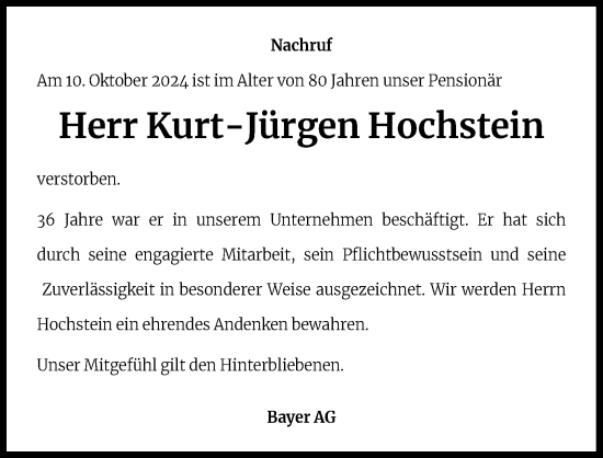 Anzeige von Kurt-Jürgen Hochstein von Kölner Stadt-Anzeiger / Kölnische Rundschau / Express