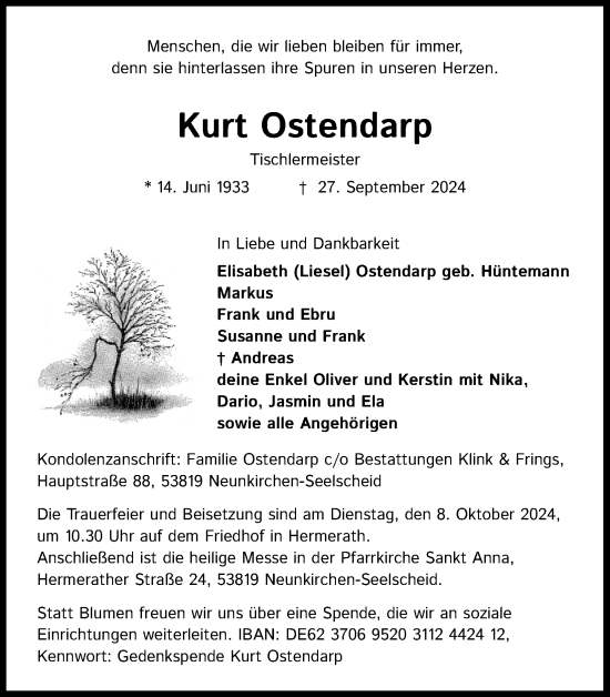 Anzeige von Kurt Ostendarp von Kölner Stadt-Anzeiger / Kölnische Rundschau / Express